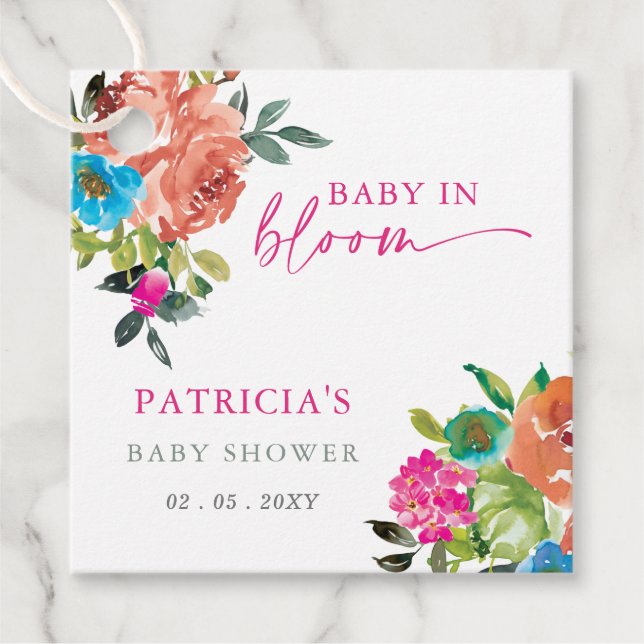 Étiquettes Cadeau Bébé brillant en fleur rose Baby shower floral fil (Devant)