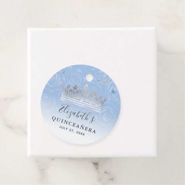 Étiquettes Cadeau Bébé clair argent Bleu Roses élégant Quinceanera (En situation)