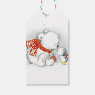 Étiquettes-cadeau Bébé de Noël Ours polaire Baiser Oiseau
