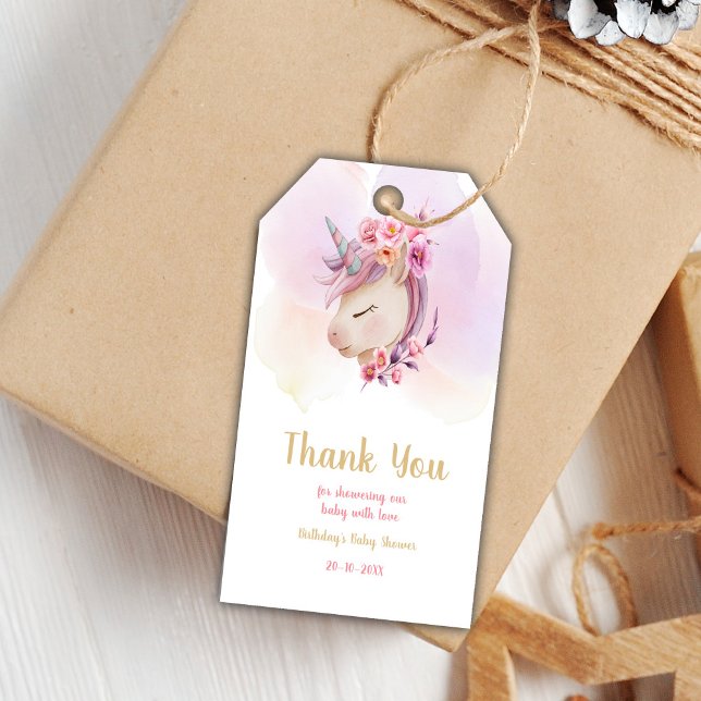 Étiquettes-cadeau Bébé Editable Merci fille avec floral (Pink Unicorn BabyShower Gift Tags)