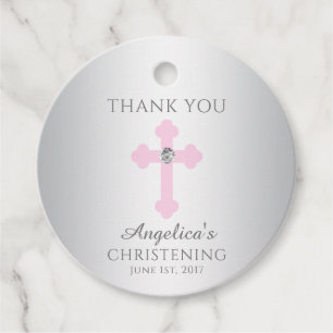 Étiquettes Cadeau Bébé élégant Croix rose Baptême / Christening Girl