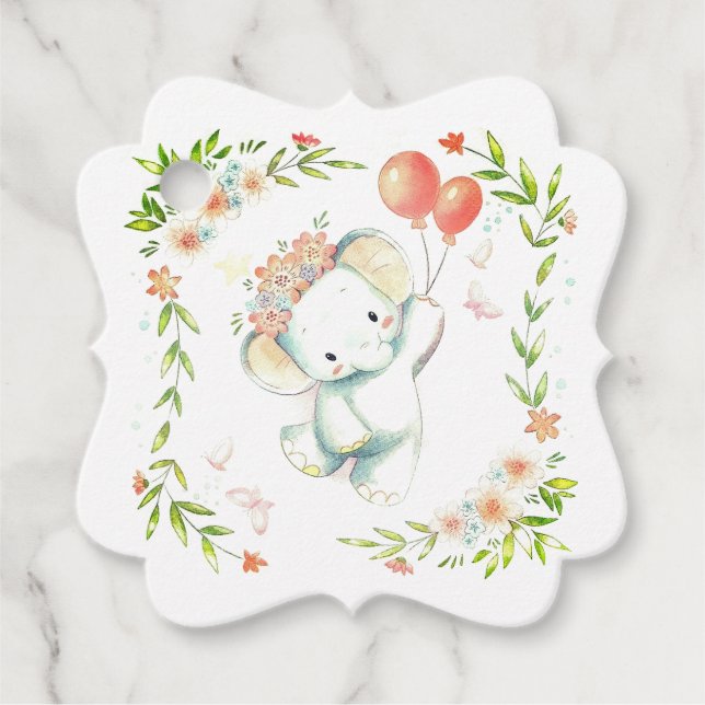 Étiquettes Cadeau Bébé éléphant flottant avec ballons  (Devant)