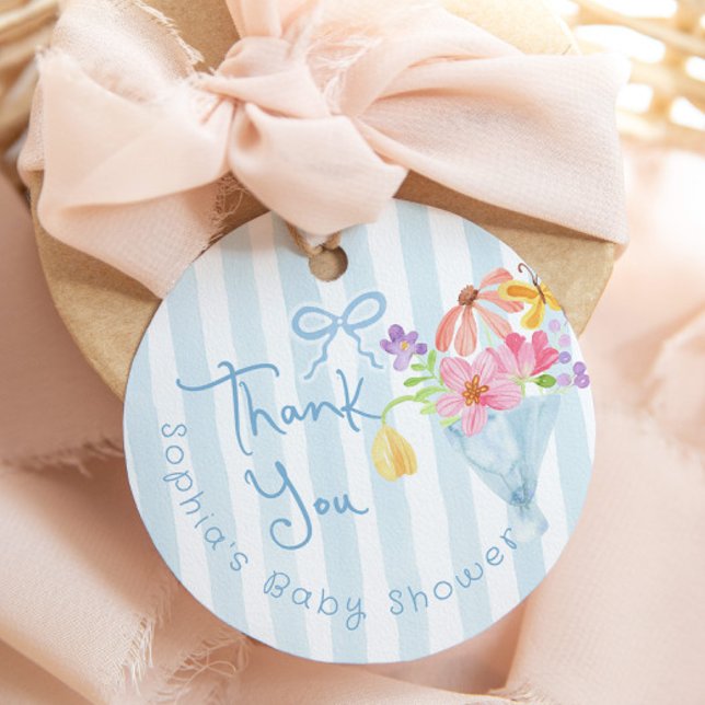 Étiquettes Cadeau Bébé en Fleur Bleu Whimsical Tnank vous (Créateur téléchargé)