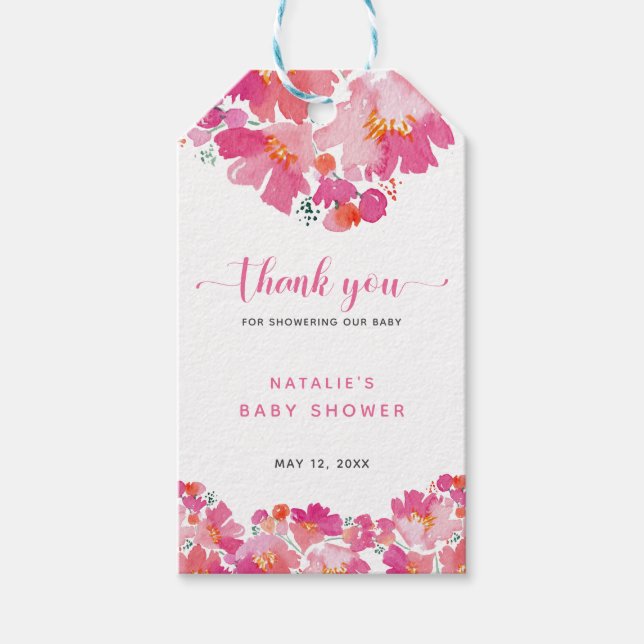 Étiquettes-cadeau Bébé en fleur rose Merci Floral Aquarelle (Devant)