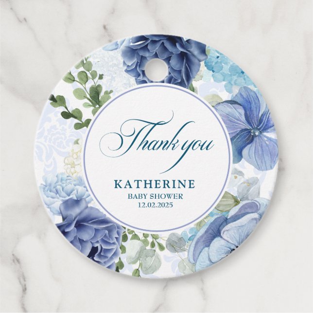 Étiquettes Cadeau Bébé en fleurs aquarelle baby shower bleu fleuri (Devant)