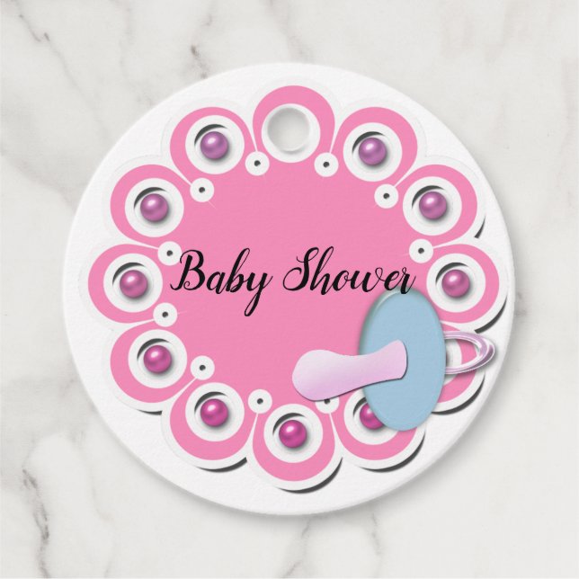 Étiquettes Cadeau Bébé fille douche mannequin rose perles blanches m (Devant)