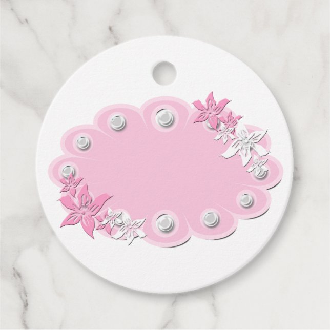Étiquettes Cadeau Bébé fille douche rose perles blanches fleurs mign (Devant)
