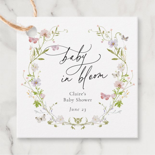 Étiquettes Cadeau Bébé fleur sauvage de la couronne papillon en fleu (Devant)