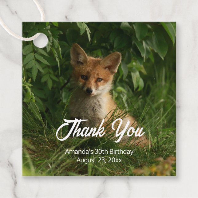Étiquettes Cadeau Bébé Fox dans une forêt verte Anniversaire Merci (Devant)