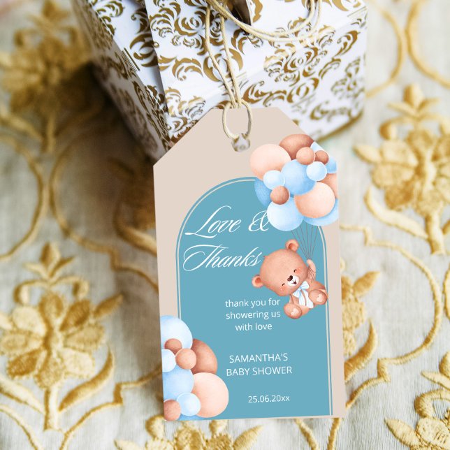 Étiquettes-cadeau Bébé garçon bleu beige ballons baby shower merci (Créateur téléchargé)