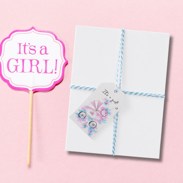 Étiquettes-cadeau Bébé mignon À Pram Lilac Aqua Rose Aquarelle (Créateur téléchargé)