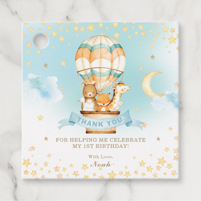 Étiquettes Cadeau Bébé mignon Animaux Hot Air Balloon Merci (Devant)