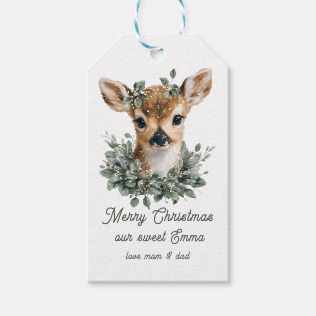 Étiquettes-cadeau Bébé mignon Cerf Joyeux Noël - Aquarelle Fawn (Devant)