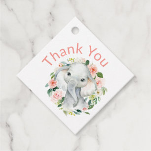 Étiquettes Cadeau Bébé mignon éléphant rose Merci floral rose