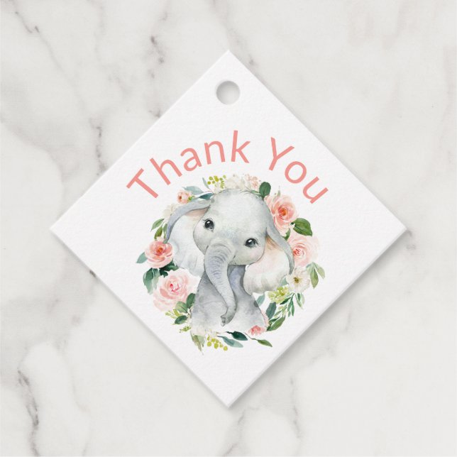 Étiquettes Cadeau Bébé mignon éléphant rose Merci floral rose (Devant)