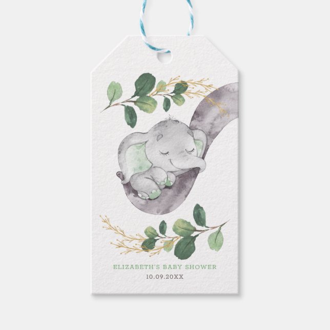 Étiquettes-cadeau Bébé mignon Eléphant Vert Or Jardin Douche (Devant)