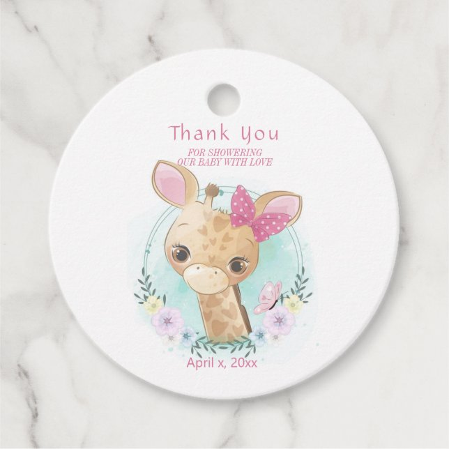 Étiquettes Cadeau Bébé mignon fille Giraffe Bow rose (Devant)