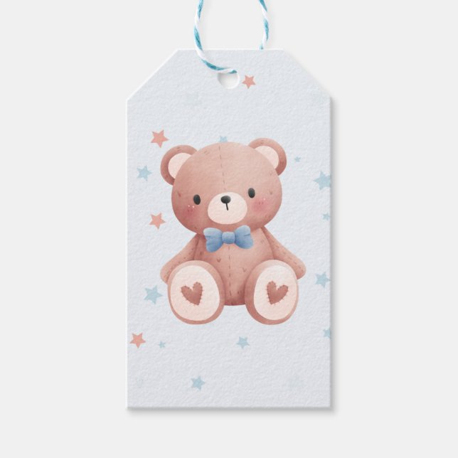 Étiquettes-cadeau Bébé Ours en peluche Shower Garçon - Étoiles Bleu  (Devant)