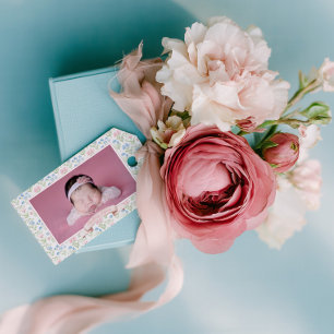 Étiquettes-cadeau Bébé photo fleur grandmillennial bleu et rose 