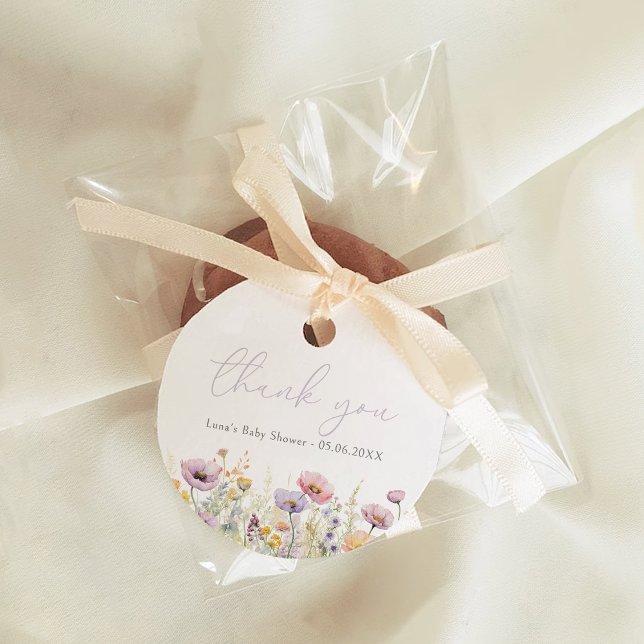 Étiquettes Cadeau Bébé pourpre dans le Baby shower Fleur sauvage fle (Créateur téléchargé)
