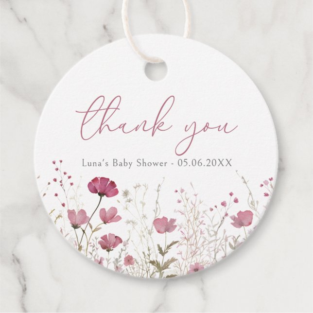 Étiquettes Cadeau Bébé rose En Fleur Fleur sauvage Floral Baby showe (Devant)