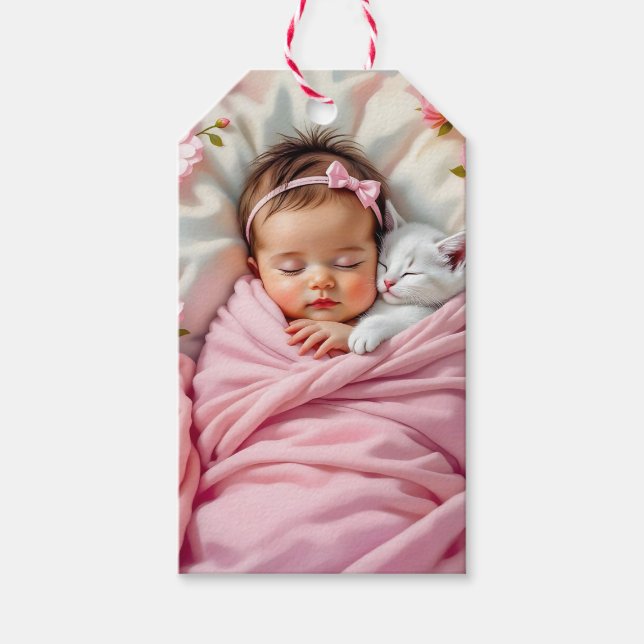 Étiquettes-cadeau Bébé rose floral fille et chaton blanc (Devant)