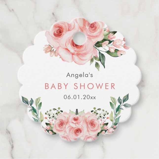 Étiquettes Cadeau Bébé rose pâle dans douche fleurie (Devant)