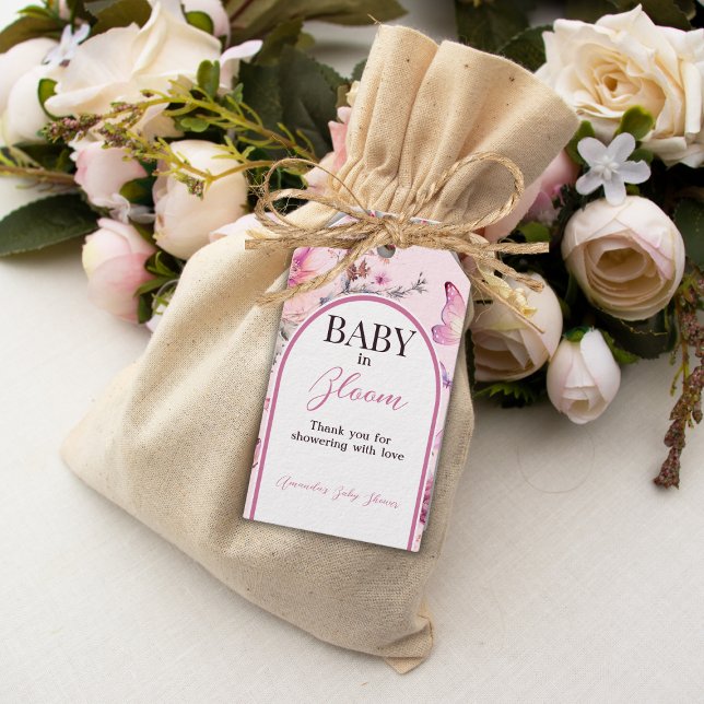 Étiquettes-cadeau Bébé rose papillon en fleur Baby shower fille (Créateur téléchargé)