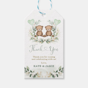 Étiquettes-cadeau Bébé Teddy Ours Jumeaux Verdure Or Eucalyptus