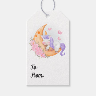 Étiquettes-cadeau Bébé Unicorne sur la lune avec Fleurs Cadeau T