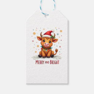 Étiquettes-cadeau Bébé vache des Highlands mignon Lumières de Noël J