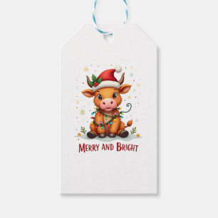 Étiquettes-cadeau Bébé Vache Highland Mignonne Lumières de Noël Joye