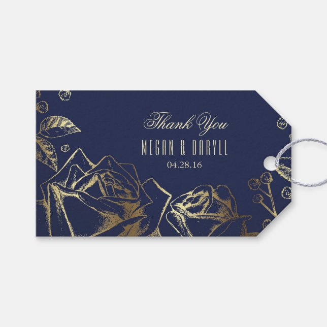 Étiquettes-cadeau Bébé's Breath and Gold Rose Mariage de la marine (Devant (Horizontal))