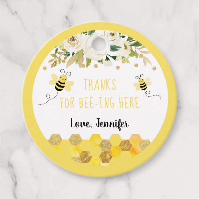 Étiquettes Cadeau Bee Gold Floral Genre Baby shower neutre (Devant)