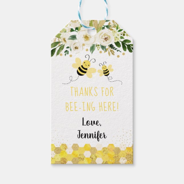Étiquettes-cadeau Bee Gold Floral Genre Baby shower neutre (Devant)