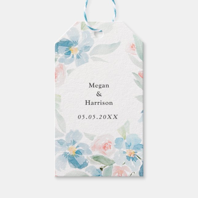 Étiquettes-cadeau Belle aquarelle bleu rose et fleurs bleues (Devant)