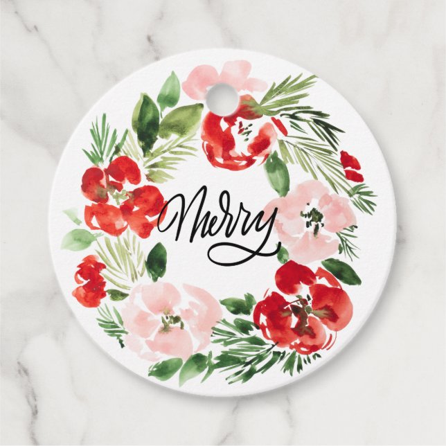 Étiquettes Cadeau Belle aquarelle couronne de Noël Joyeux (Devant)