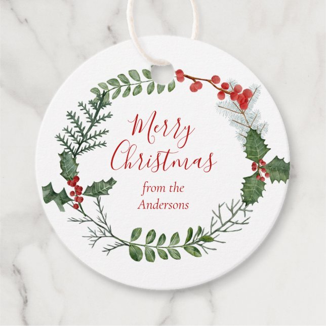 Étiquettes Cadeau Belle aquarelle rouge et verte couronne de Noël (Devant)