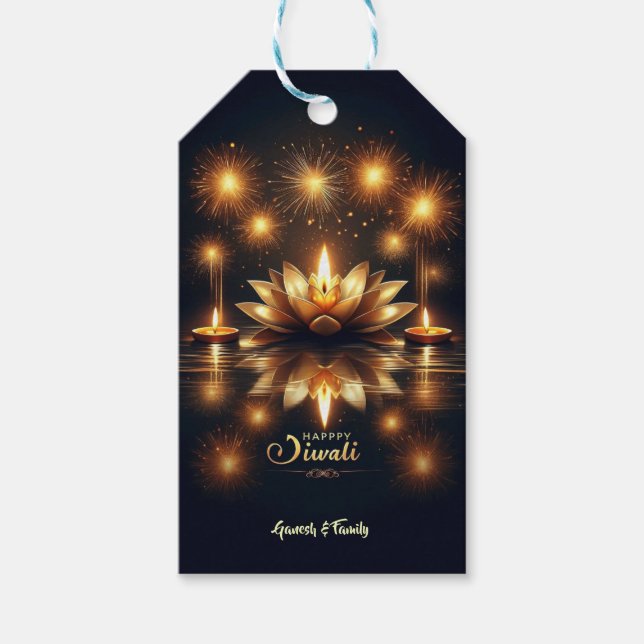 Étiquettes-cadeau Belle et brillante Diya à Lotus Diwali (Devant)