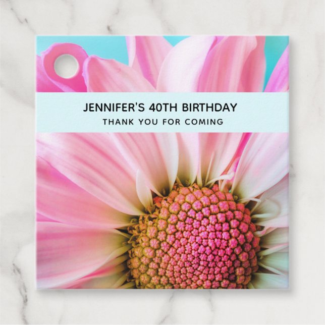 Étiquettes Cadeau Belle Fleur rose Gros plan Photo Anniversaire (Devant)