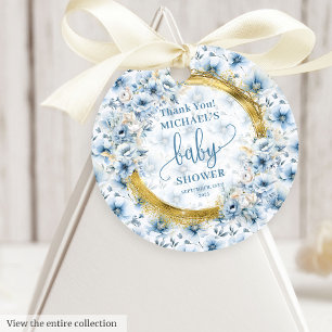 Étiquettes Cadeau Belle fleurs bleues poussiéreuses avec accents or