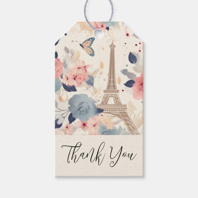 Étiquettes-cadeau Belles Fleurs et Tour Eiffel Paris Merci (Devant)