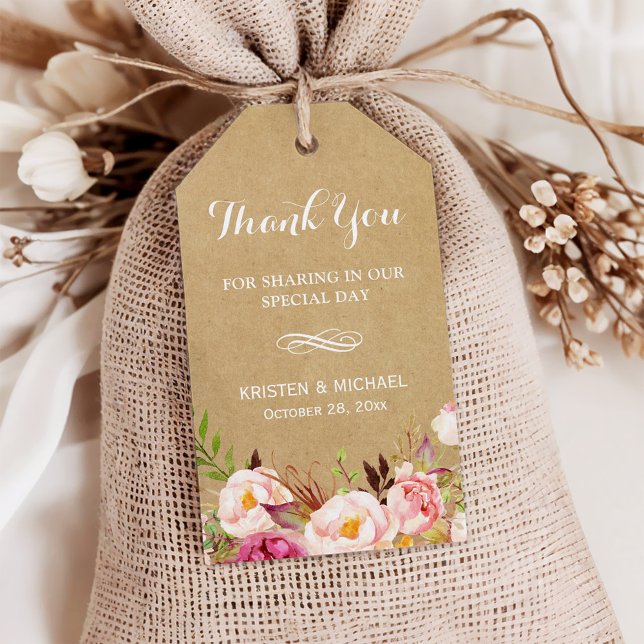 Étiquettes-cadeau Belles fleurs rustiques Kraft | MERCI MARIAGE (Créateur téléchargé)