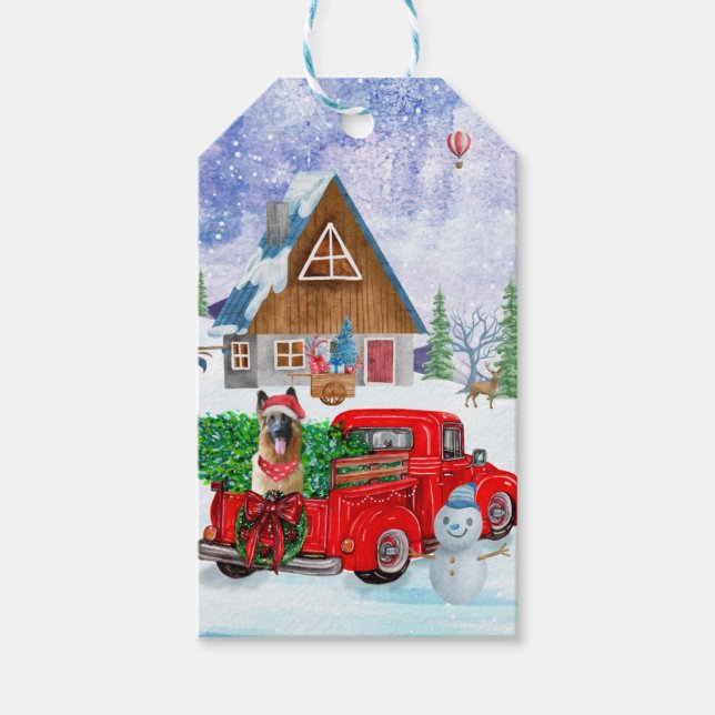 Étiquettes-cadeau Berger Allemand En Livraison De Noël Camion Neige (Devant)