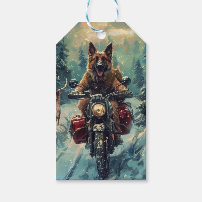 Étiquettes-cadeau Berger belge Chien à cheval Moto Noël (Devant)