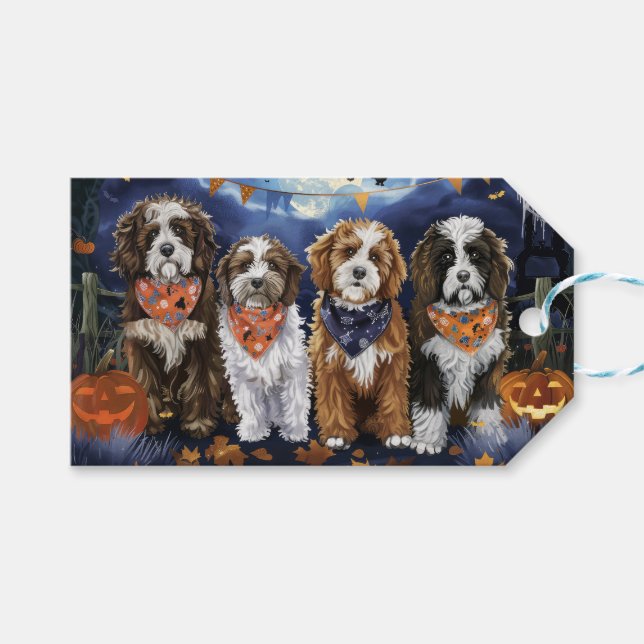 Étiquettes-cadeau Bernedoodle Halloween Éffrayant (Devant (Horizontal))