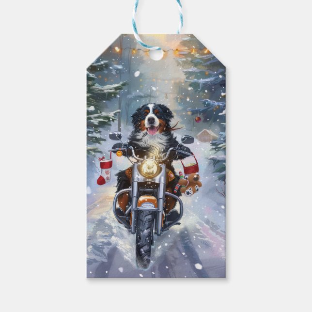 Étiquettes-cadeau Bernese Mountain Dog équitation Moto Noël (Devant)