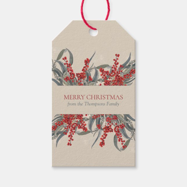 Étiquettes-cadeau Berries de Noël et feuillage botanique d'Eucalyptu (Devant)