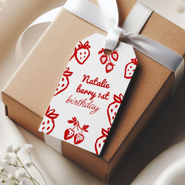 Étiquettes-cadeau Berry 1st Hand Drawberry Girl Fun Anniversaire (Créateur téléchargé)