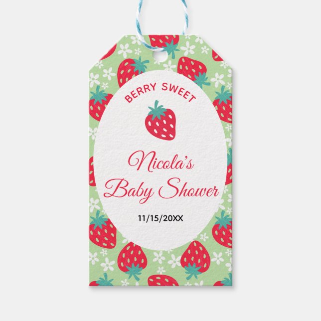 Étiquettes-cadeau Berry Sweet Green Strawberry Baby Shower (Devant)